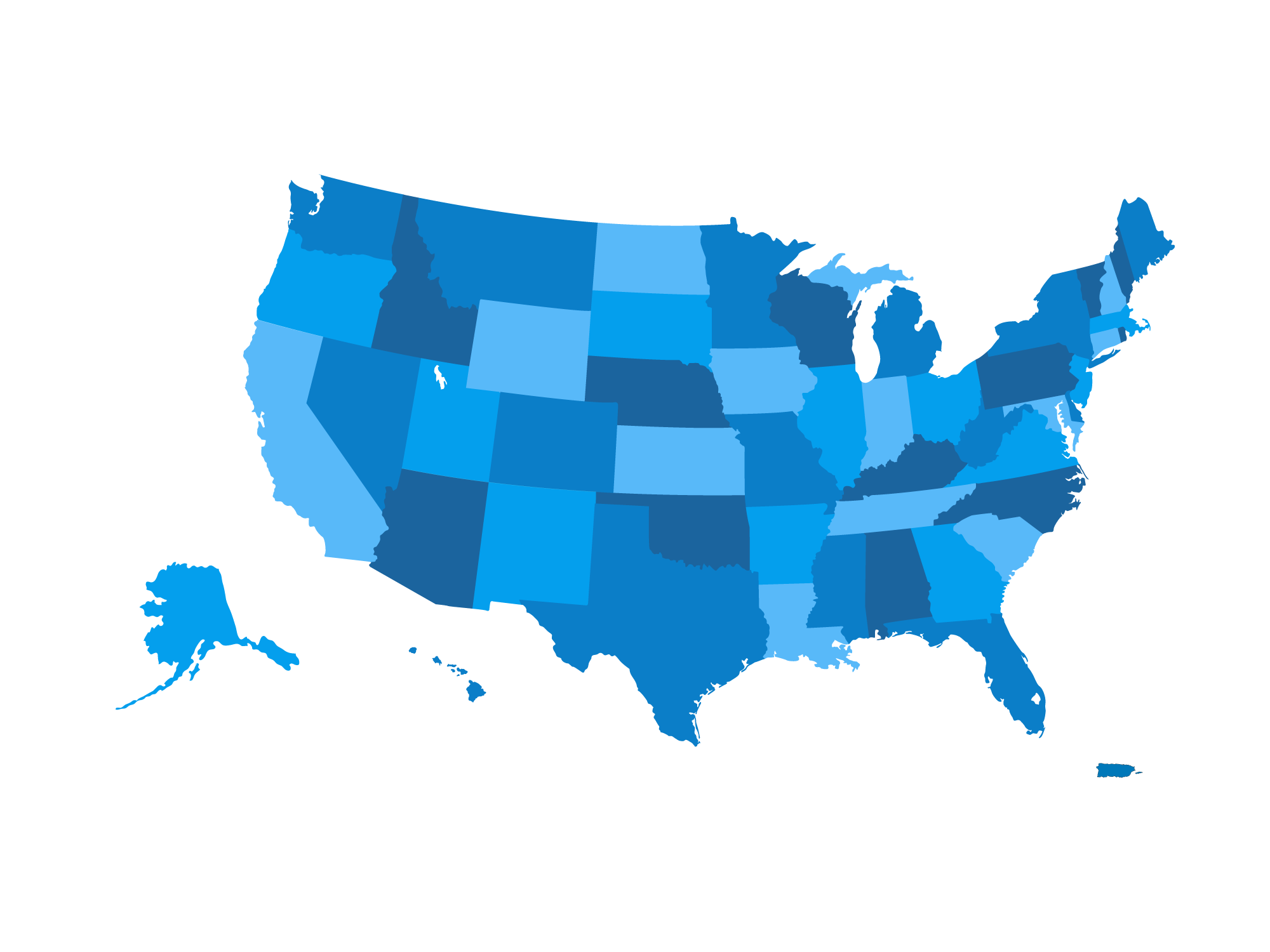 Illustrated Map of the United States including Puerto Rico in various shades of blue.