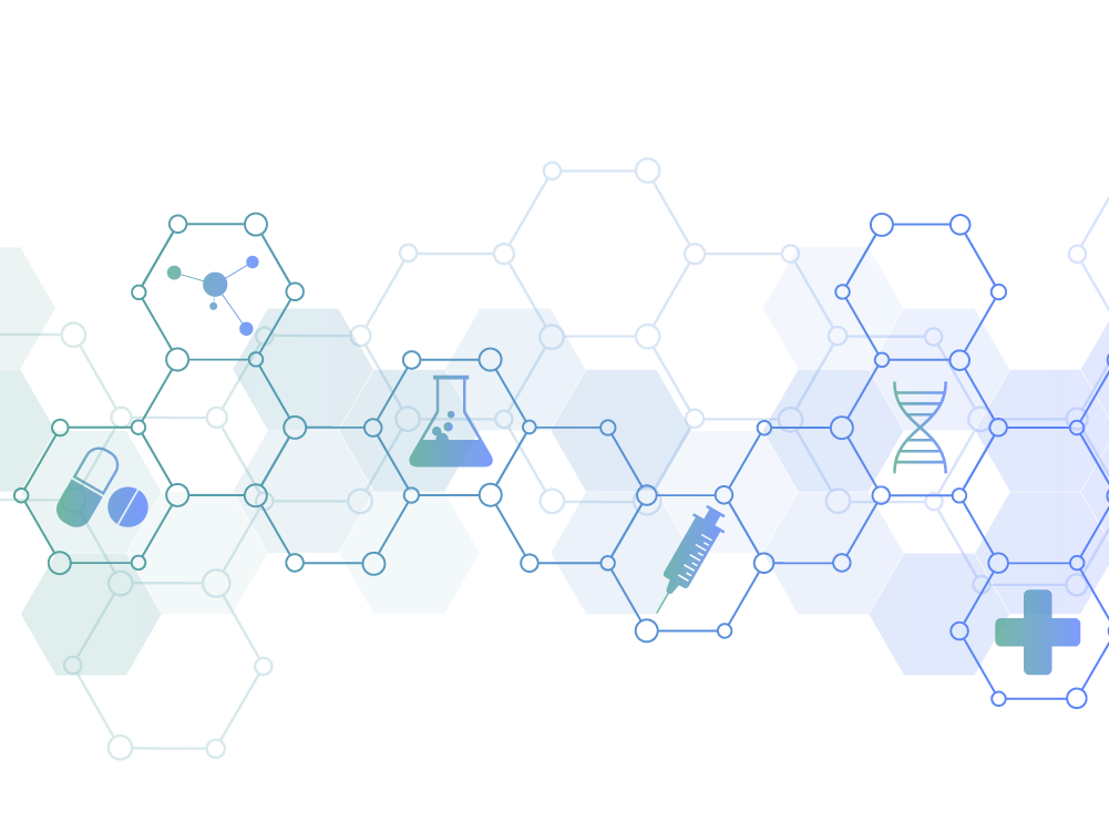 Illustration of connected hexagons containing medical icons.