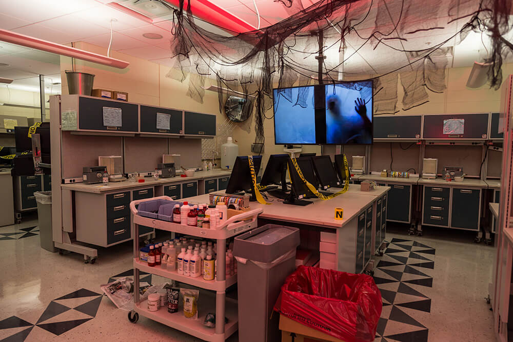 Student lab decorated for the zombie apocalypse.