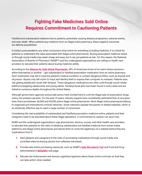 First page of statement on fighting fake medications.