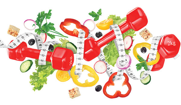 Measuring tape spiraling around vegetables and hand weights.