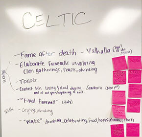 Whiteboard with bullet points about Celtic death rituals.