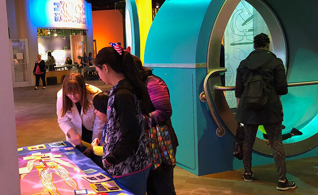 View of various interactive exhibits at Discovery Place.