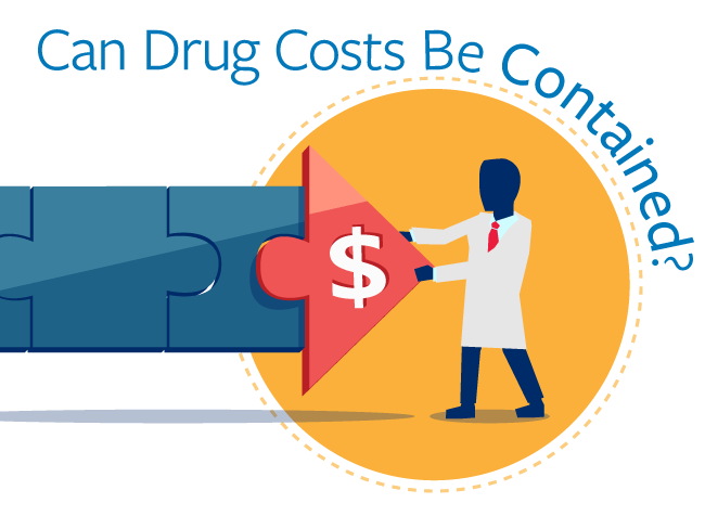 Illustration: White coat holding back increasing costs "Can Drug Costs be Contained."
