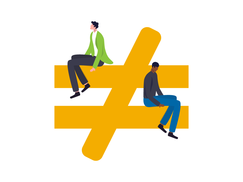 Illustration: two people of light and dark skin sitting on opposite sides of a does-not-equal sign.