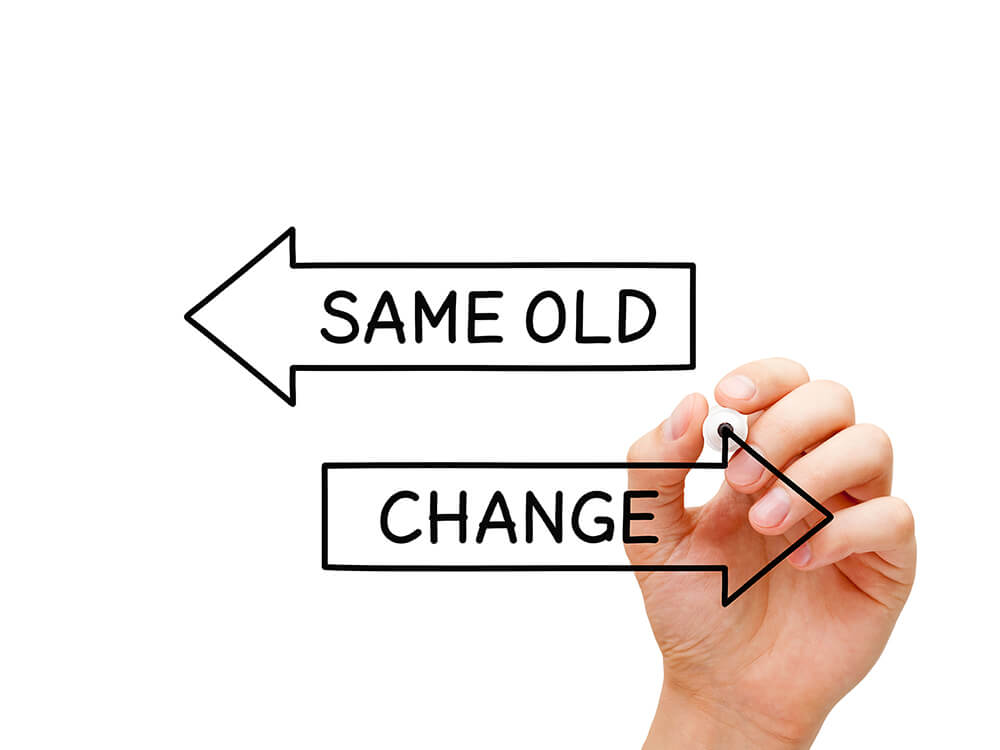 Illustration: two signs, pointing left reading "same old" and pointing right "change."