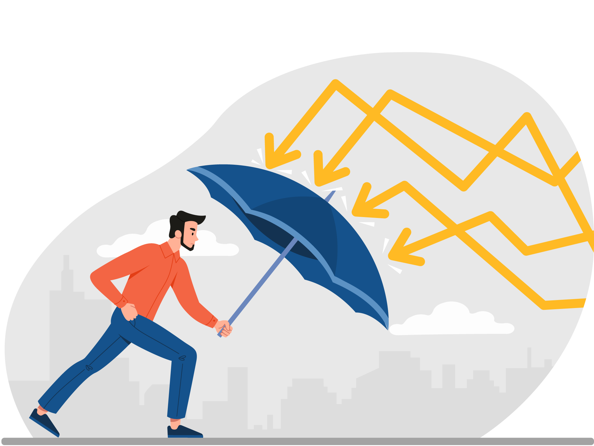 Illustration of man holding back zig-zagging arrows with an umbrella against a cityscape background.