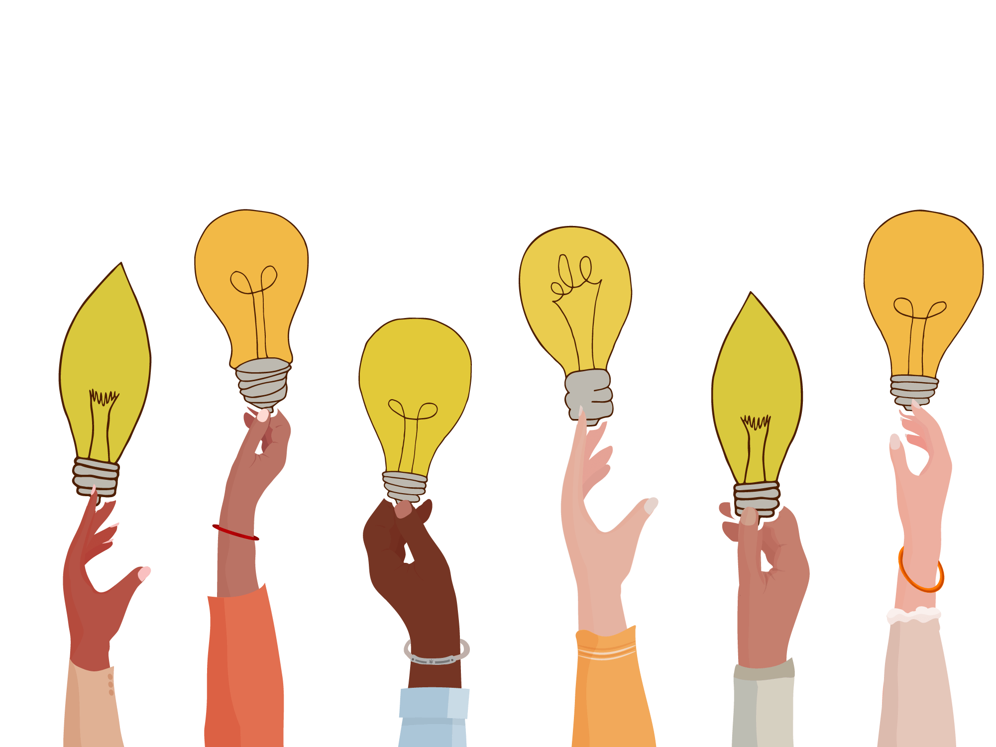 Illustration of diverse raised hands holding lightbulbs.
