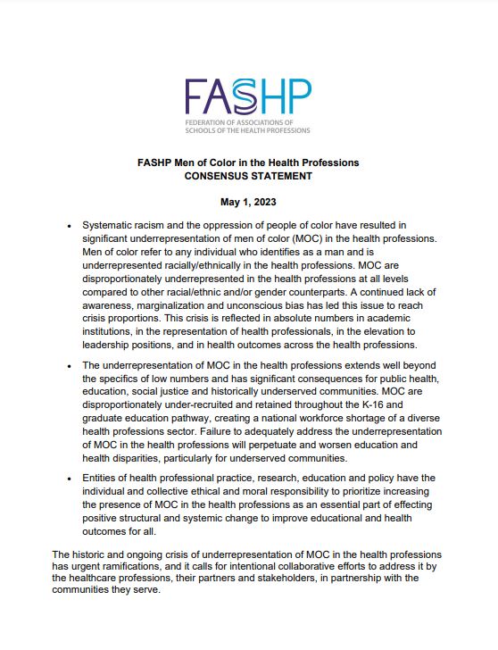 Image of the FASHP Statement regarding the underrepresentation of men of color in the health professions.