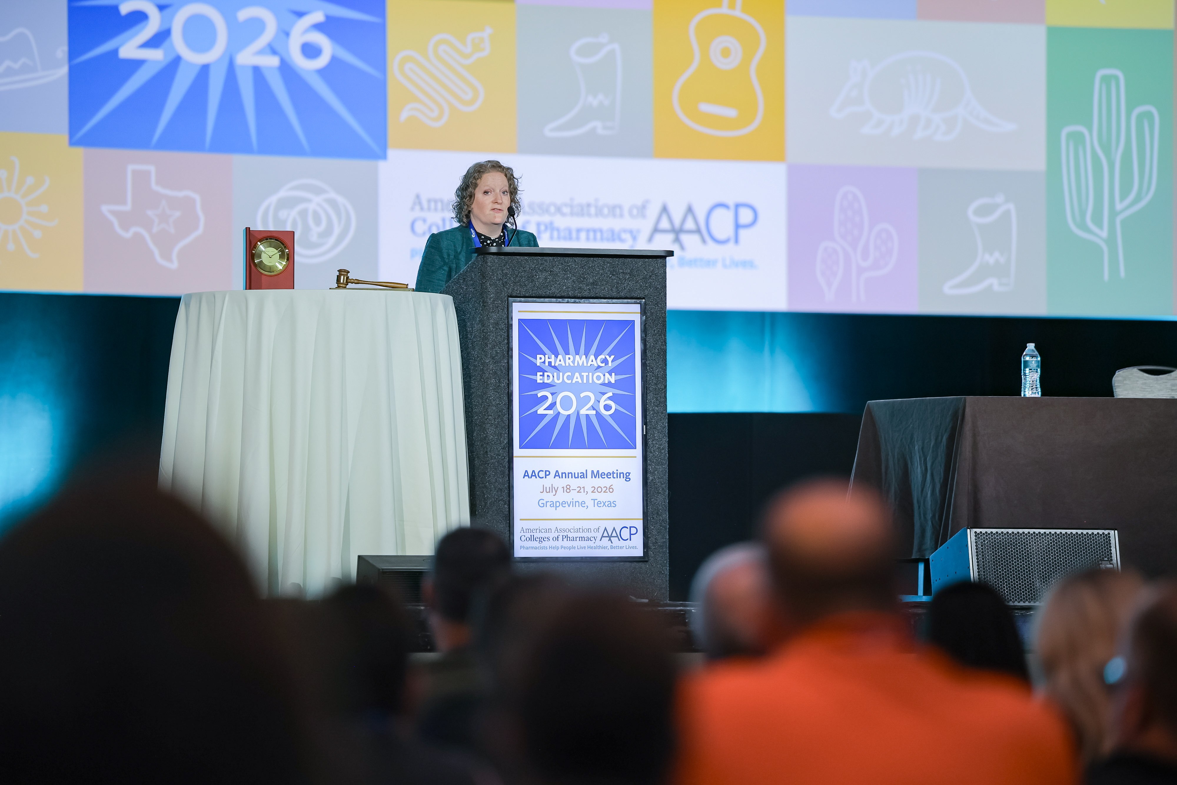 Laura Waite gives a speech to the AACP House of Delegates during Pharmacy Education 2026.