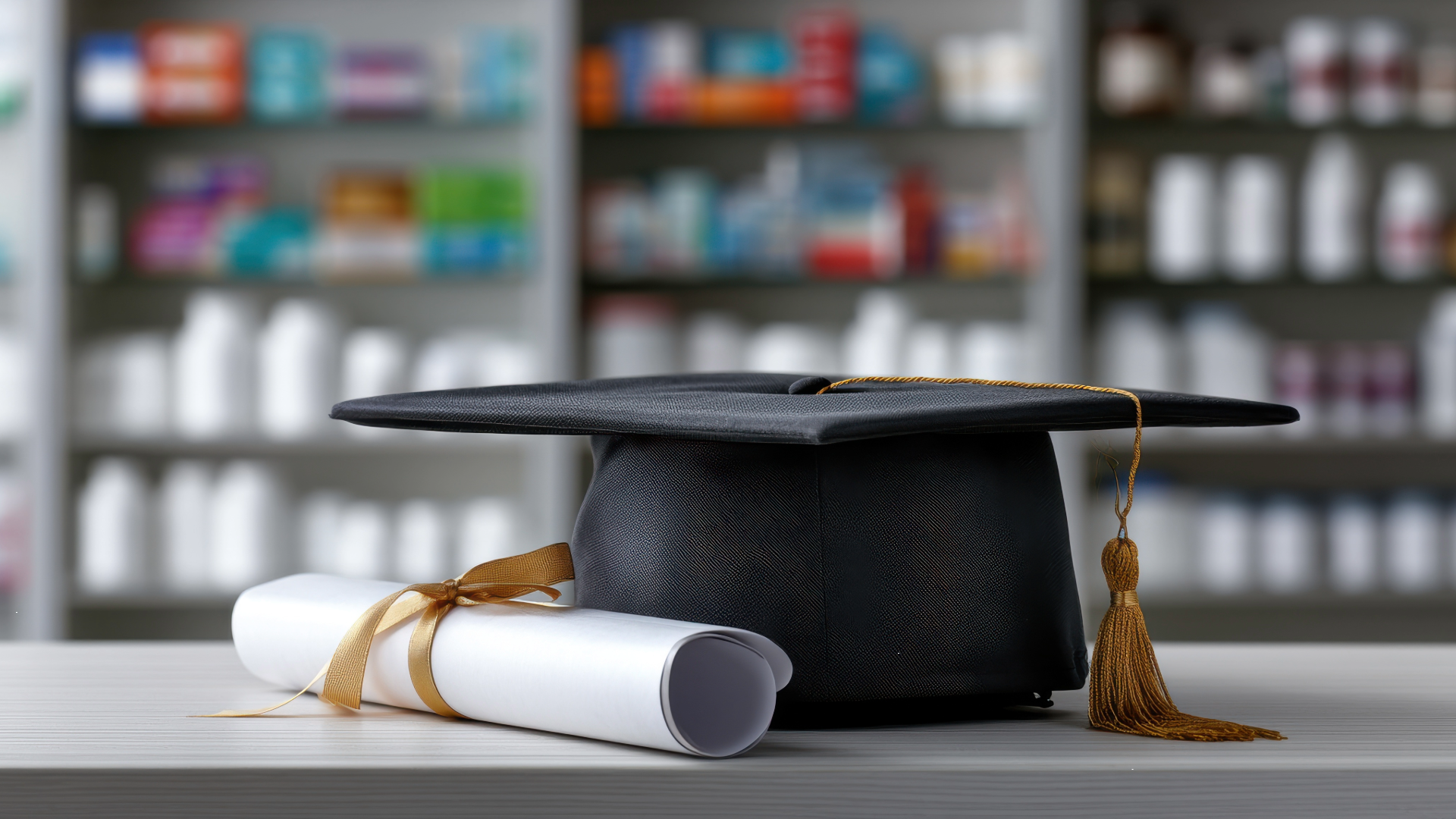 A diploma and graduation cap are featured on a community pharmacy counter.