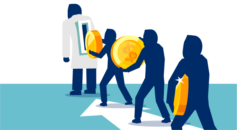 Illustration: line of silhouetted people inserting coins into whitecoat's back