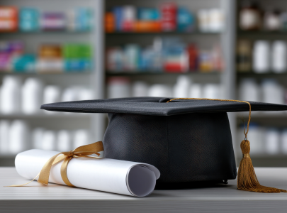 A diploma and graduation cap are featured on a community pharmacy counter.