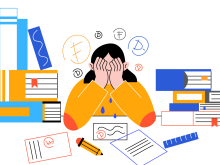 Illustration of a student surrounded by stacked books and stressing over grades.