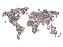 Illustrated world map made up of people.