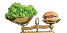 Lettuce weighed against hamburger.